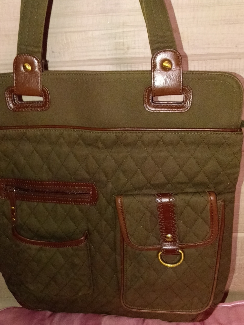 Vera Bradley Quilted Olive Tote with Brown Trim